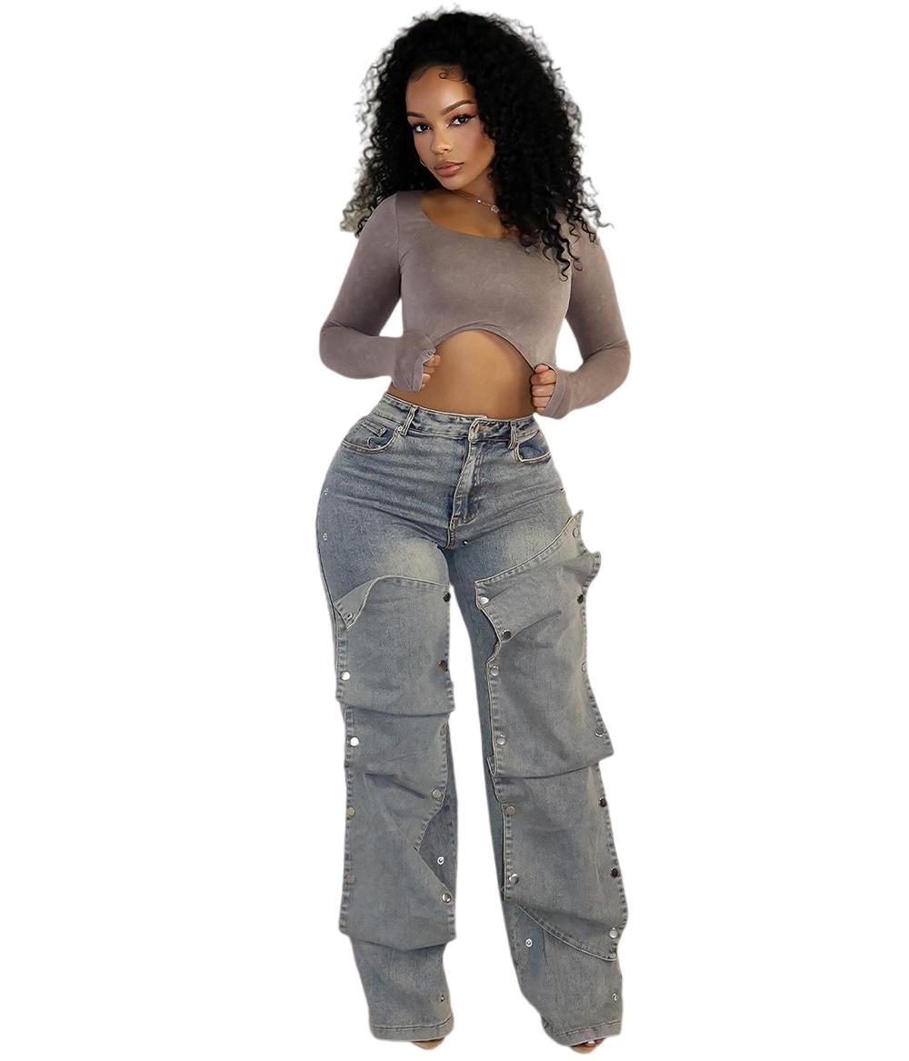 Women's Button High Waist Straight Jeans