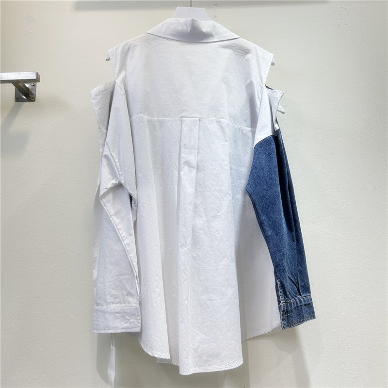 Stylish High-end Color-block Off-shoulder Blouse For Women