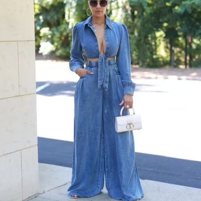Women's Casual Wide-leg Pants Denim Suit