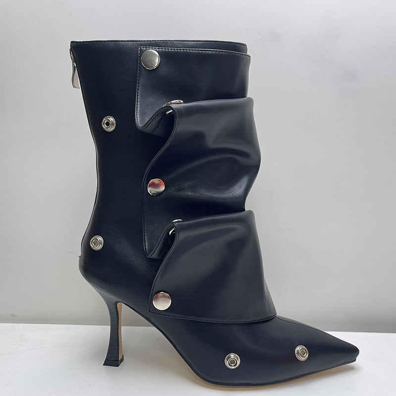 Women's High-heeled Pointed-toe Denim Patchwork Ankle Boots With Metal Studs
