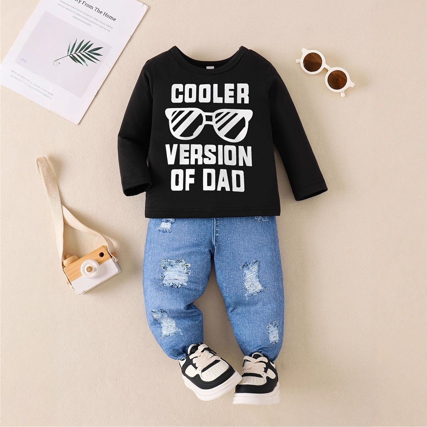 Stylish Long-sleeve Top Paired With Faux Denim Jeans