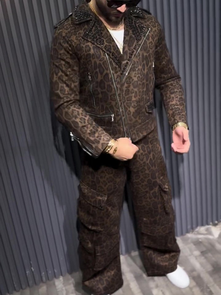 Brown Leopard Print Biker Jacket And Cargo Pants Two-Piece Set