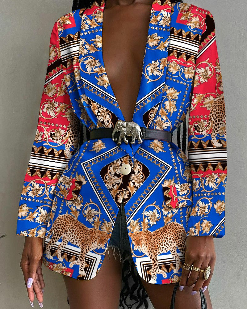 Fashion jacket with printed shawl collar and simple belt women's jacket