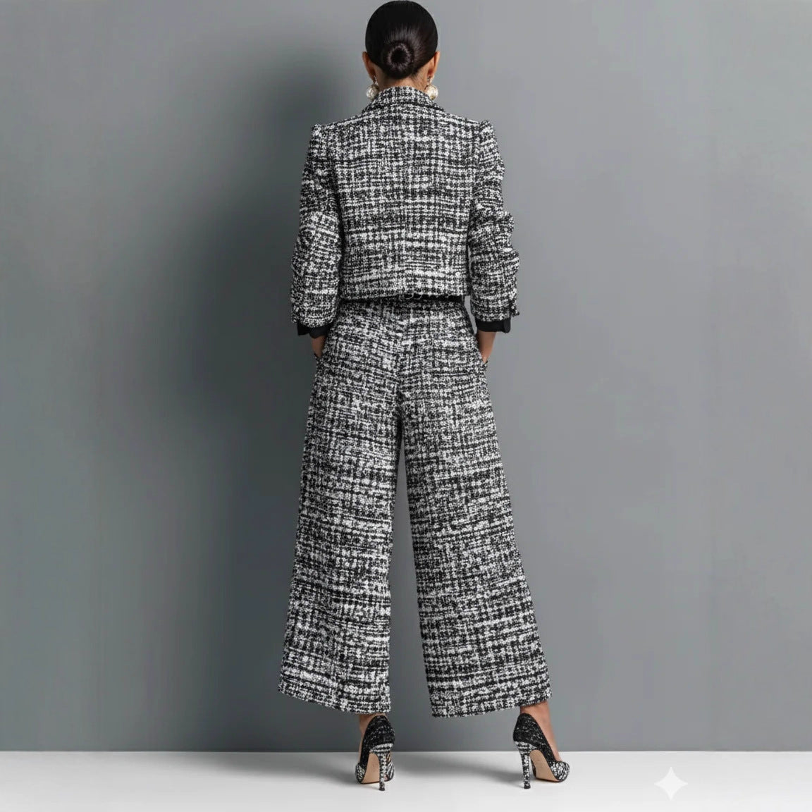 Notched Lapel Slim-fit Women's Long-sleeve Short Top With Wide-leg Pants Set