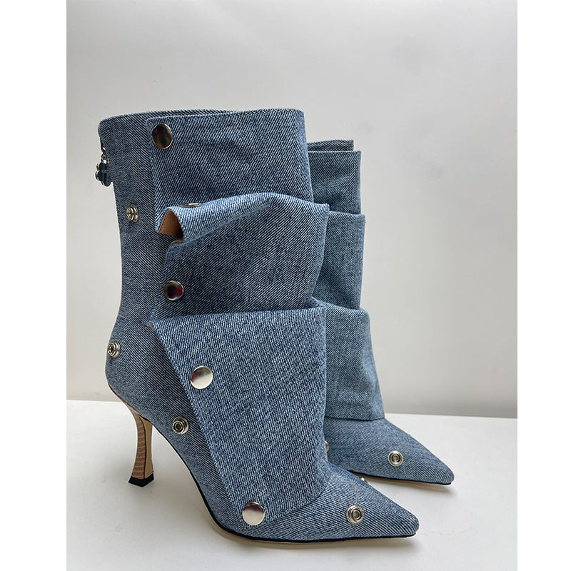 Women's High-heeled Pointed-toe Denim Patchwork Ankle Boots With Metal Studs