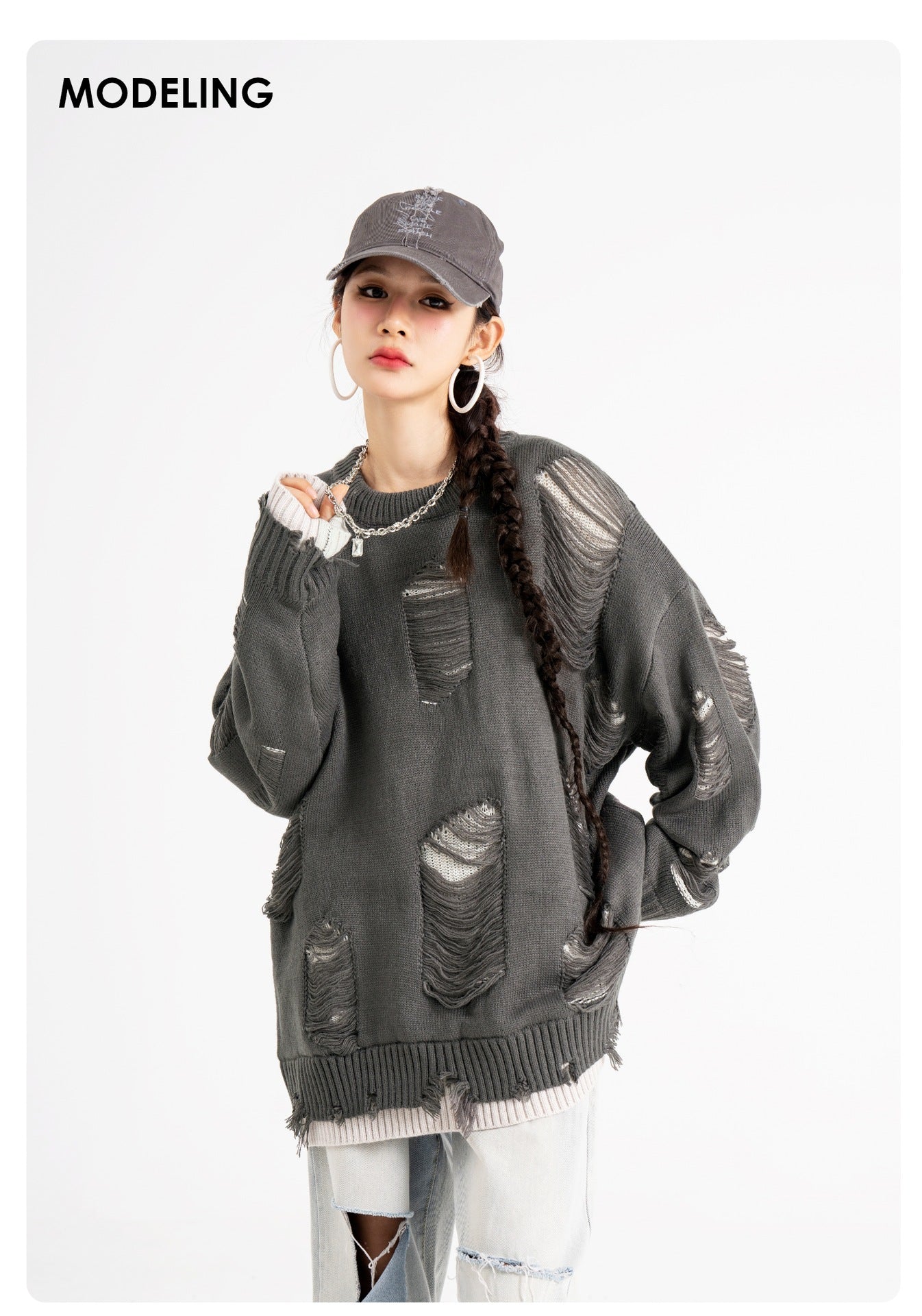 Men and Women Fake Two-piece Hole Oversize Design Sense Idle Style Couple Sweater