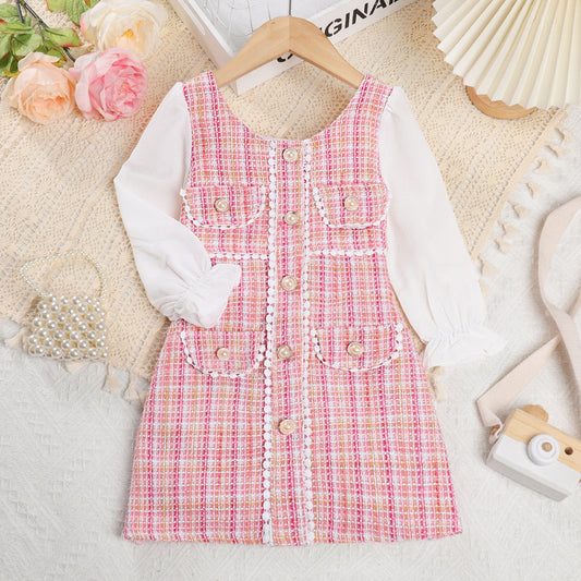 Decorative Patchwork Long-Sleeve Dress For Girls