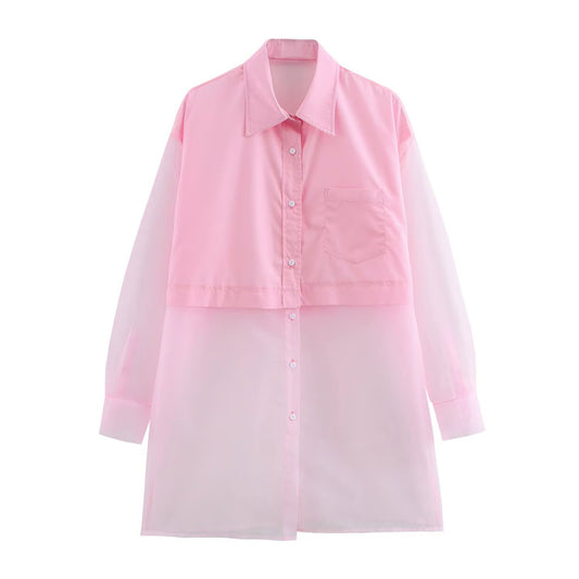 Spring Women's Long-sleeved Sheer Tulle Patchwork Loose-fit Blouse