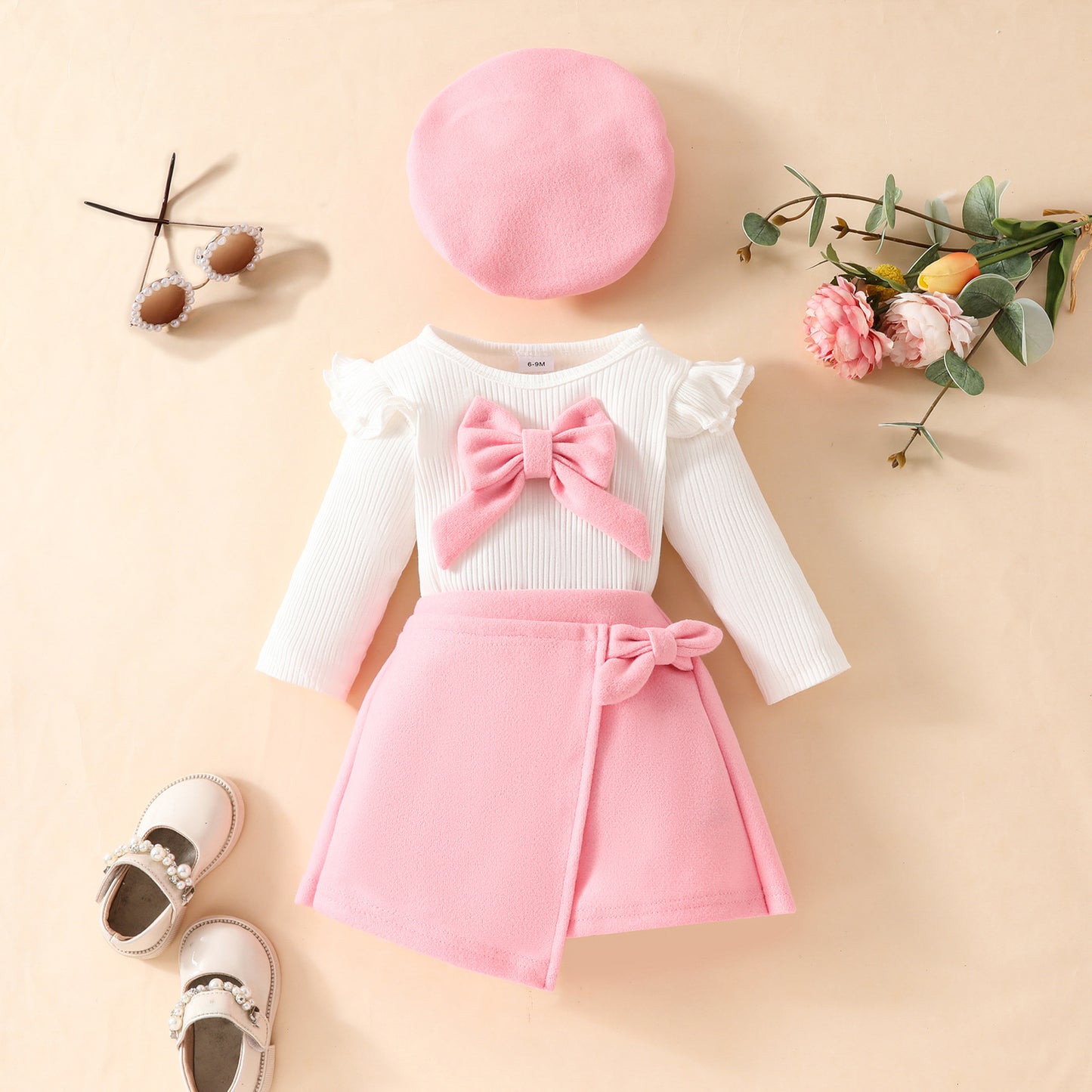 Fashionable Beret And Long-Sleeve Skirt Set For Girls