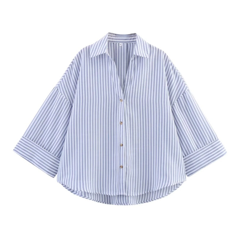 Casual All-matching Lapel Striped Wide Sleeve Shirt