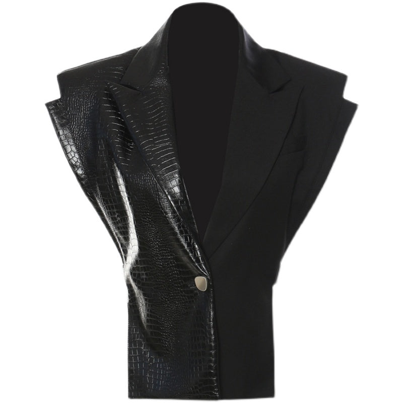 Black Vest Stitching Leather Personalized Cut Fashion Waist-controlled Coat
