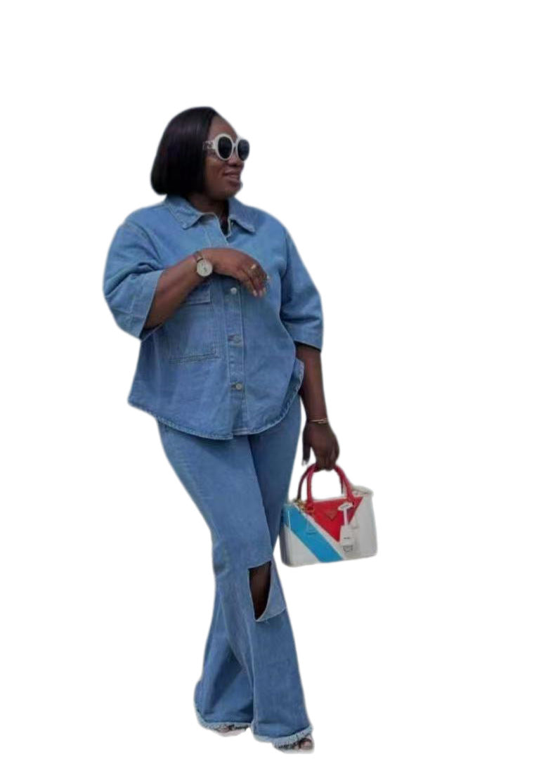 Personality Shirt Top Ripped Denim Trousers Two-piece Set