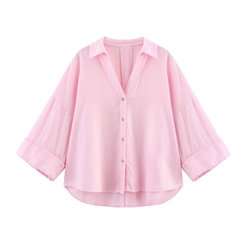 Casual All-matching Lapel Striped Wide Sleeve Shirt