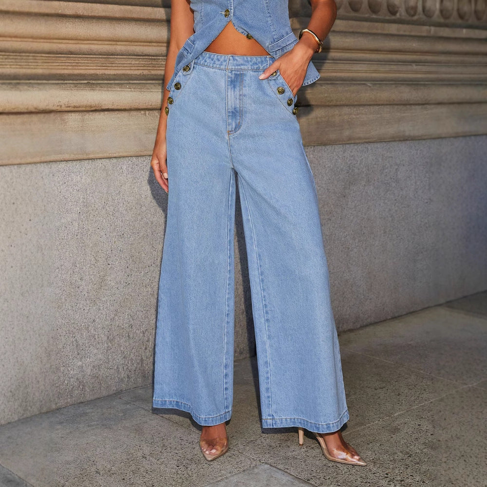 Denim Vest Suits Fashion Sleeveless Button Tops And Wide Leg Straight Pants With Pockets Women's Trousers Set