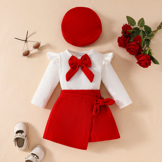 Fashionable Beret And Long-Sleeve Skirt Set For Girls