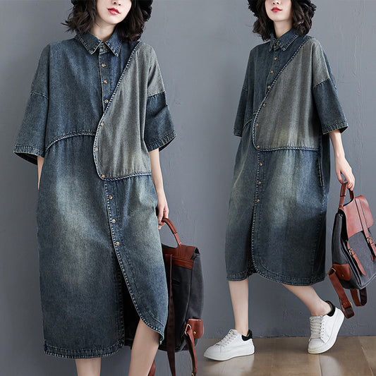 Retro Literary Stitching Shirt Skirt Loose And Thin Denim Dress