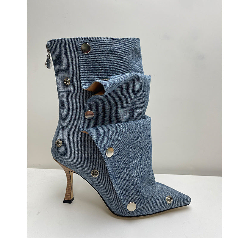 Women's High-heeled Pointed-toe Denim Patchwork Ankle Boots With Metal Studs