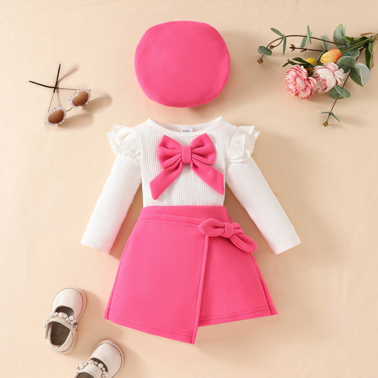 Fashionable Beret And Long-Sleeve Skirt Set For Girls