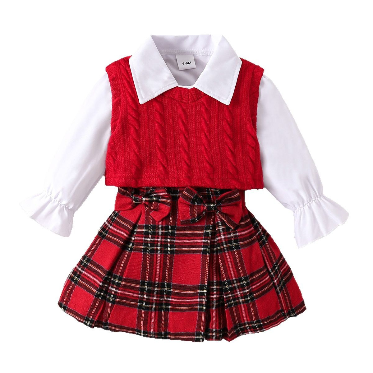 Fashionable Red Vest And Plaid Skirt Set