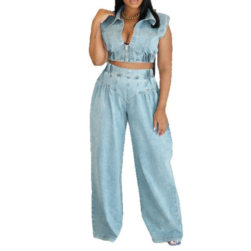Women's Jeans Suit Sexy Sleeveless Two-piece Suit