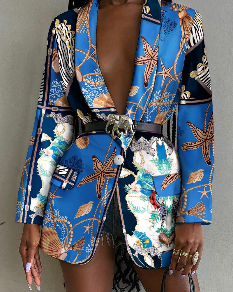 Fashion jacket with printed shawl collar and simple belt women's jacket