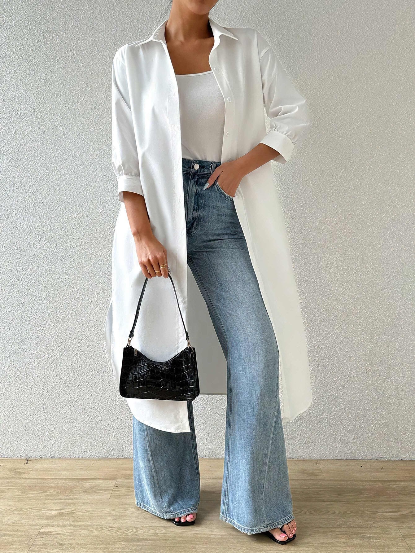 Womens Versatile Long Solid-color Cardigan With Three-quarter Sleeves