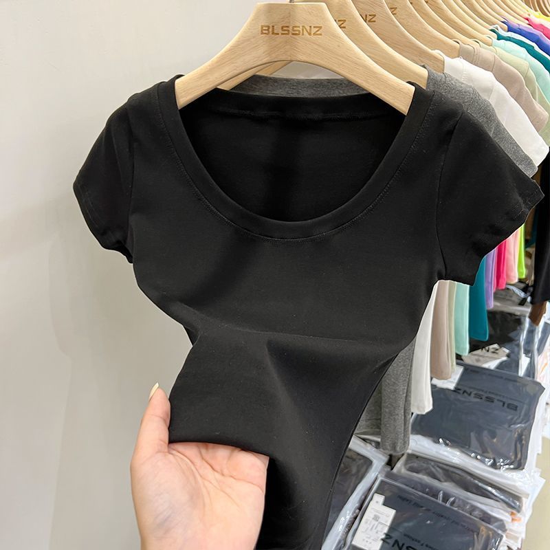 Women's Cotton Short-sleeved T-shirt Sweet And Spicy Collarbone Design Sense Slim-fit Crop-top