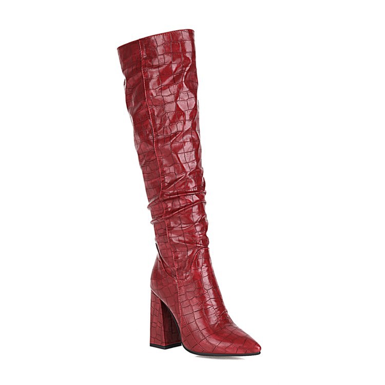 Block-heeled High-heeled High Boots With Embossed Leather Pointed Toe