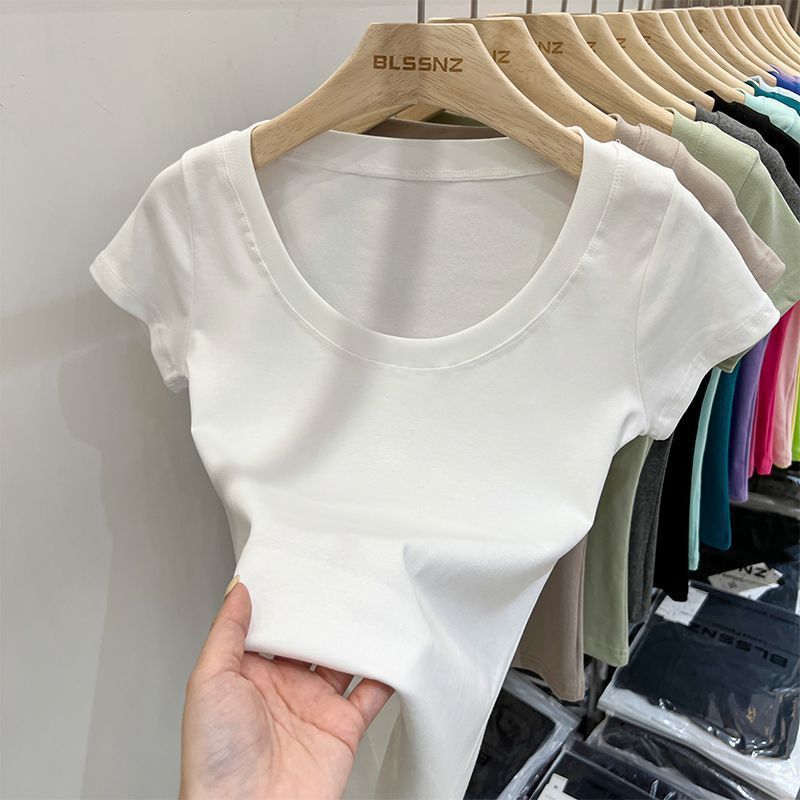 Women's Cotton Short-sleeved T-shirt Sweet And Spicy Collarbone Design Sense Slim-fit Crop-top