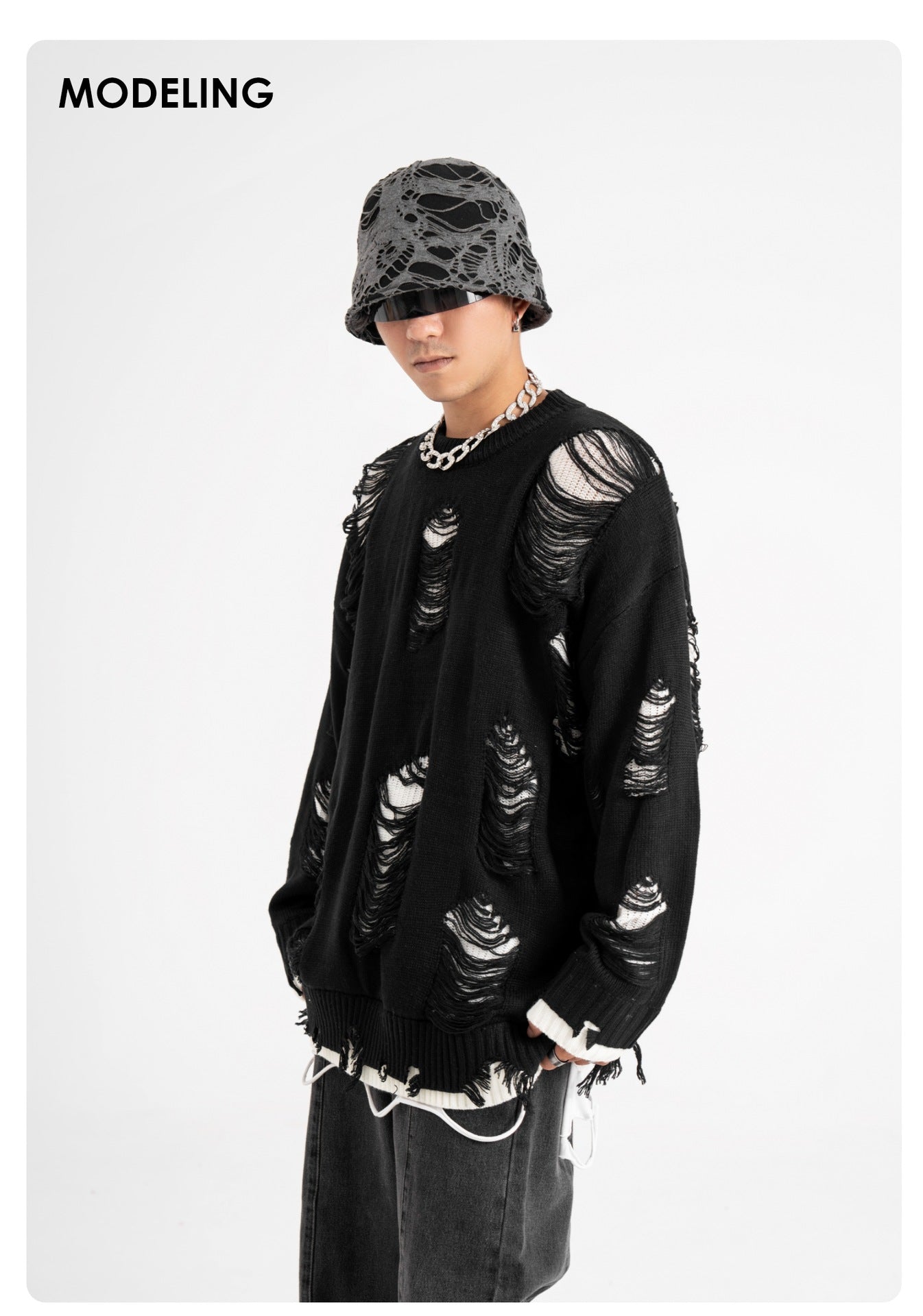 Men and Women Fake Two-piece Hole Oversize Design Sense Idle Style Couple Sweater