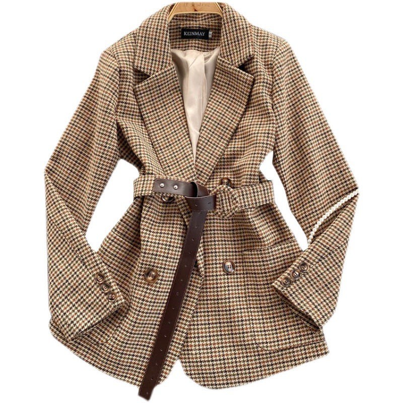 Fashion Polyester Women's Double-breasted Plaid Blazer