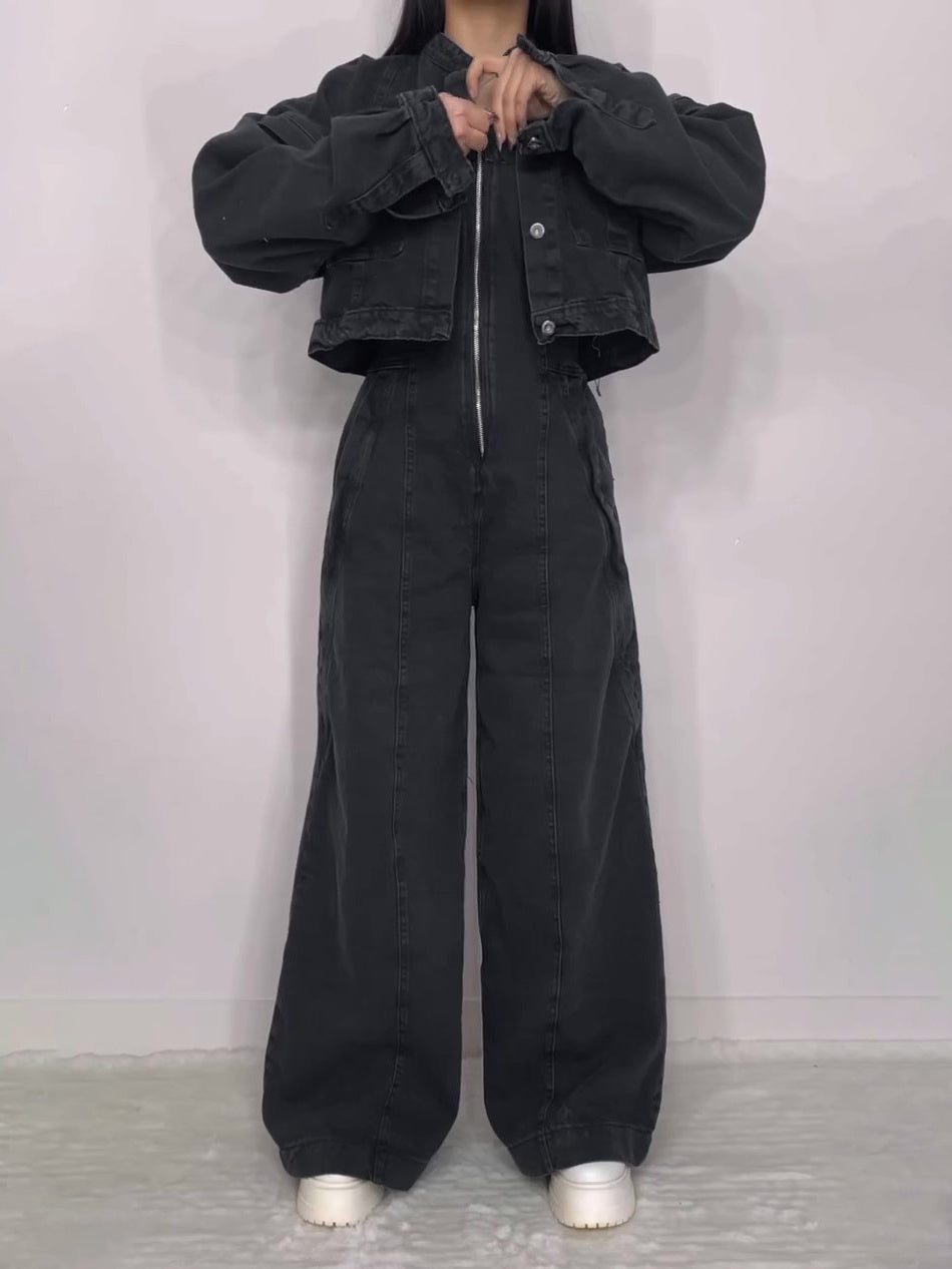 Denim Bandeau Zipper Jumpsuit & Jacket Set