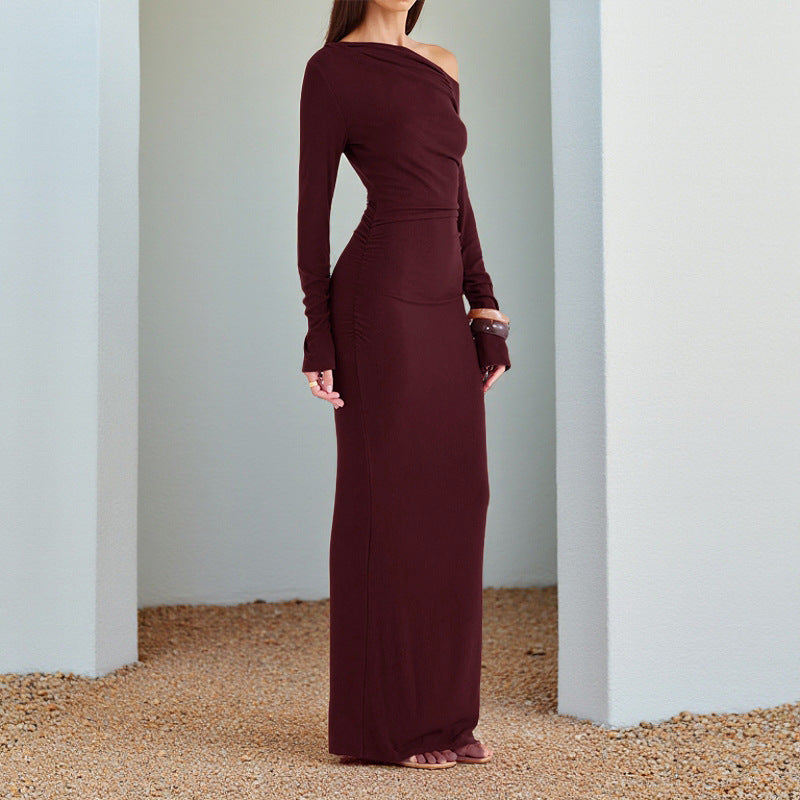 Oblique Shoulder Sexy Backless Long Sleeve Slim Dress Women Ins