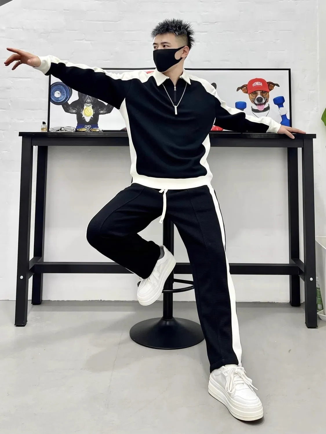 Men's Simple Striped Color-block Hooded Sweatshirt Set