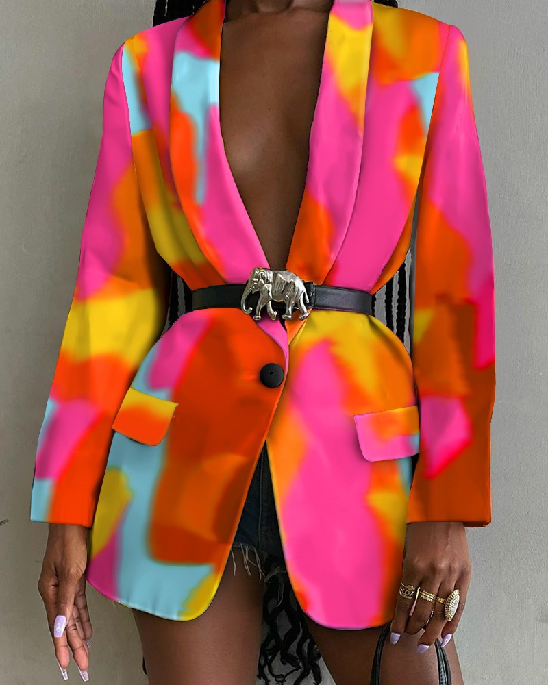 Fashion jacket with printed shawl collar and simple belt women's jacket