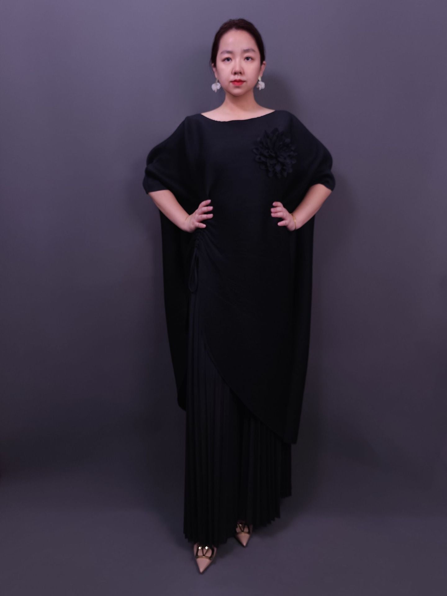 Solid Color Bat Sleeve Loose Drawstring Fashion Slimming