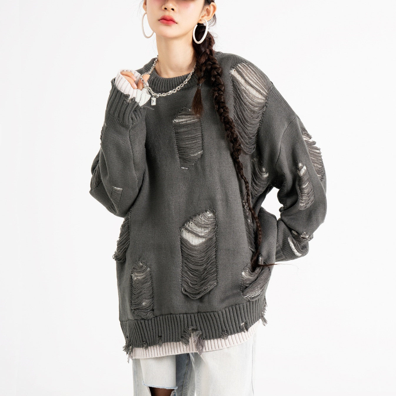 Men and Women Fake Two-piece Hole Oversize Design Sense Idle Style Couple Sweater