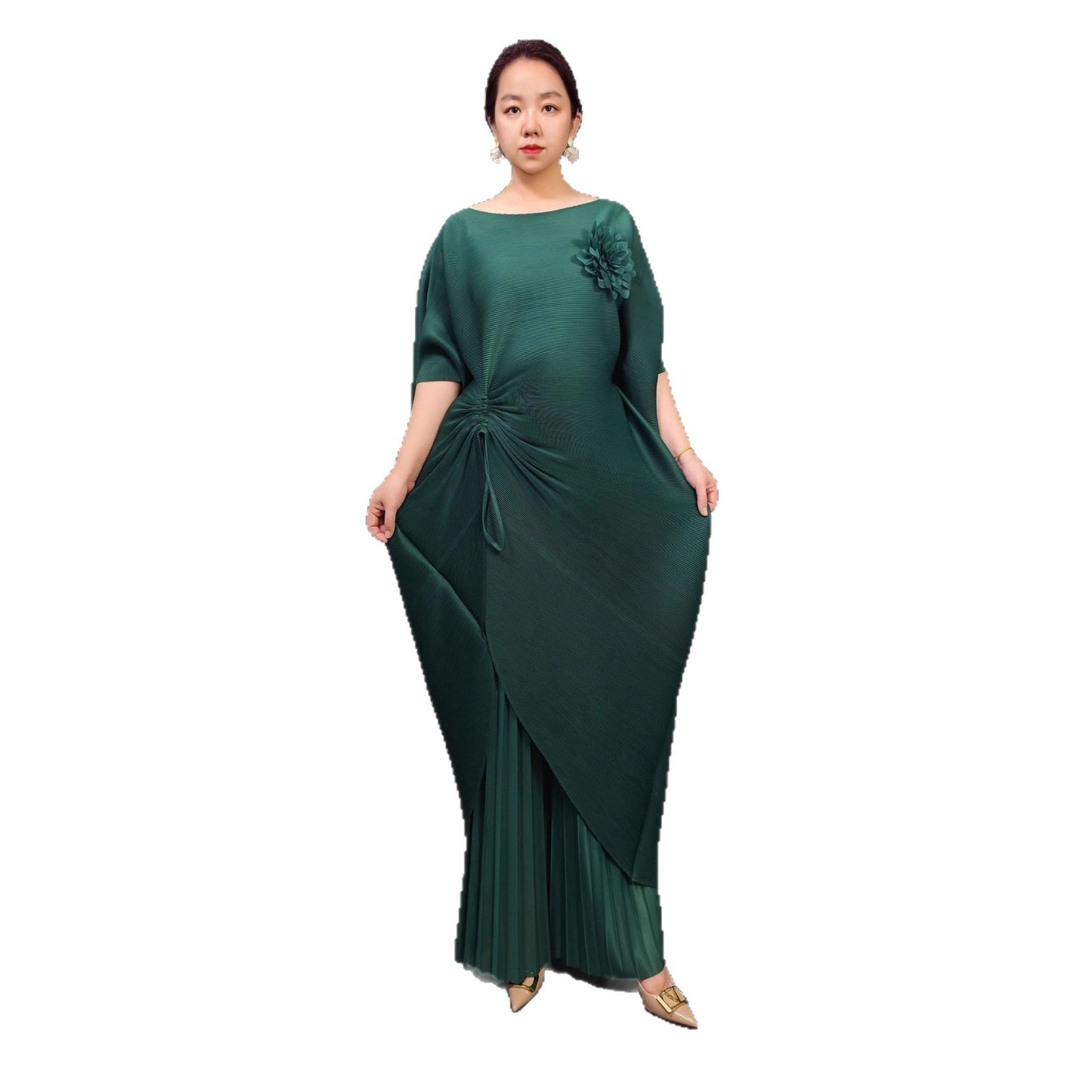 Solid Color Bat Sleeve Loose Drawstring Fashion Slimming