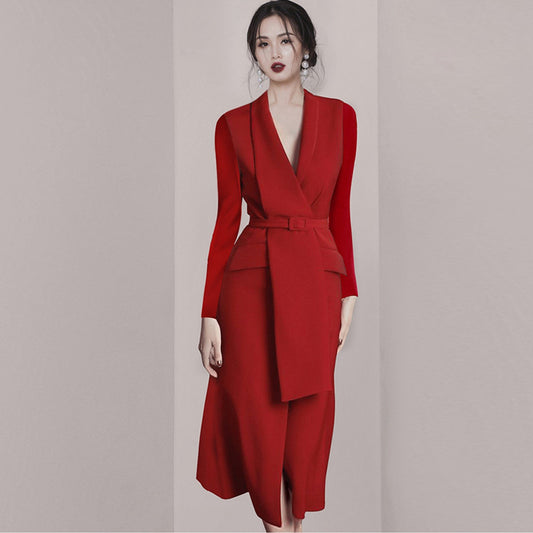 New Irregular Red Suit Collar Dress For Autumn And Winter