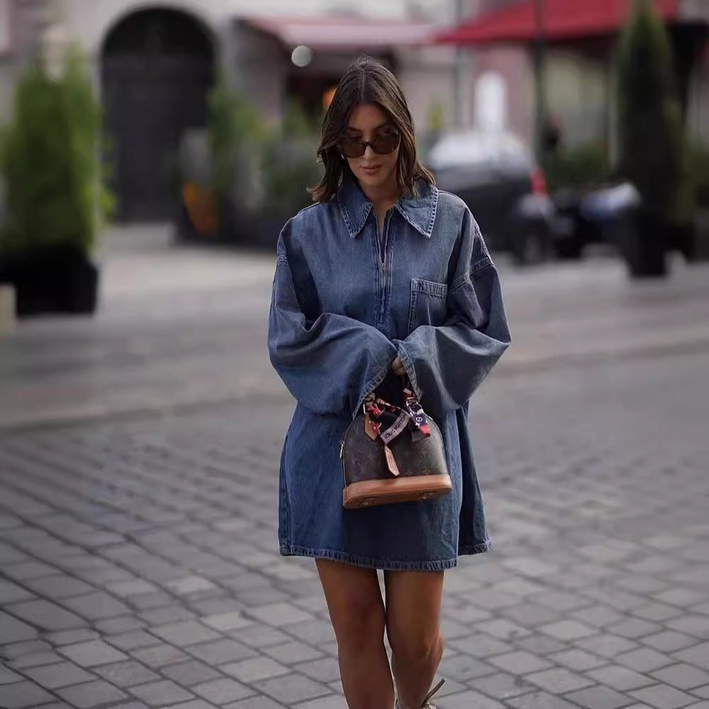 Lapel Patch Pocket Bell Sleeve Denim Dress