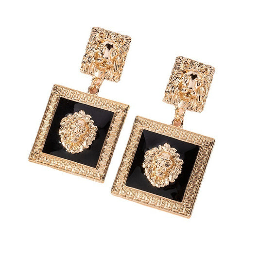Lion Head Metal Big Lobed Geometric Enamel Square Exaggerated Punk Earrings
