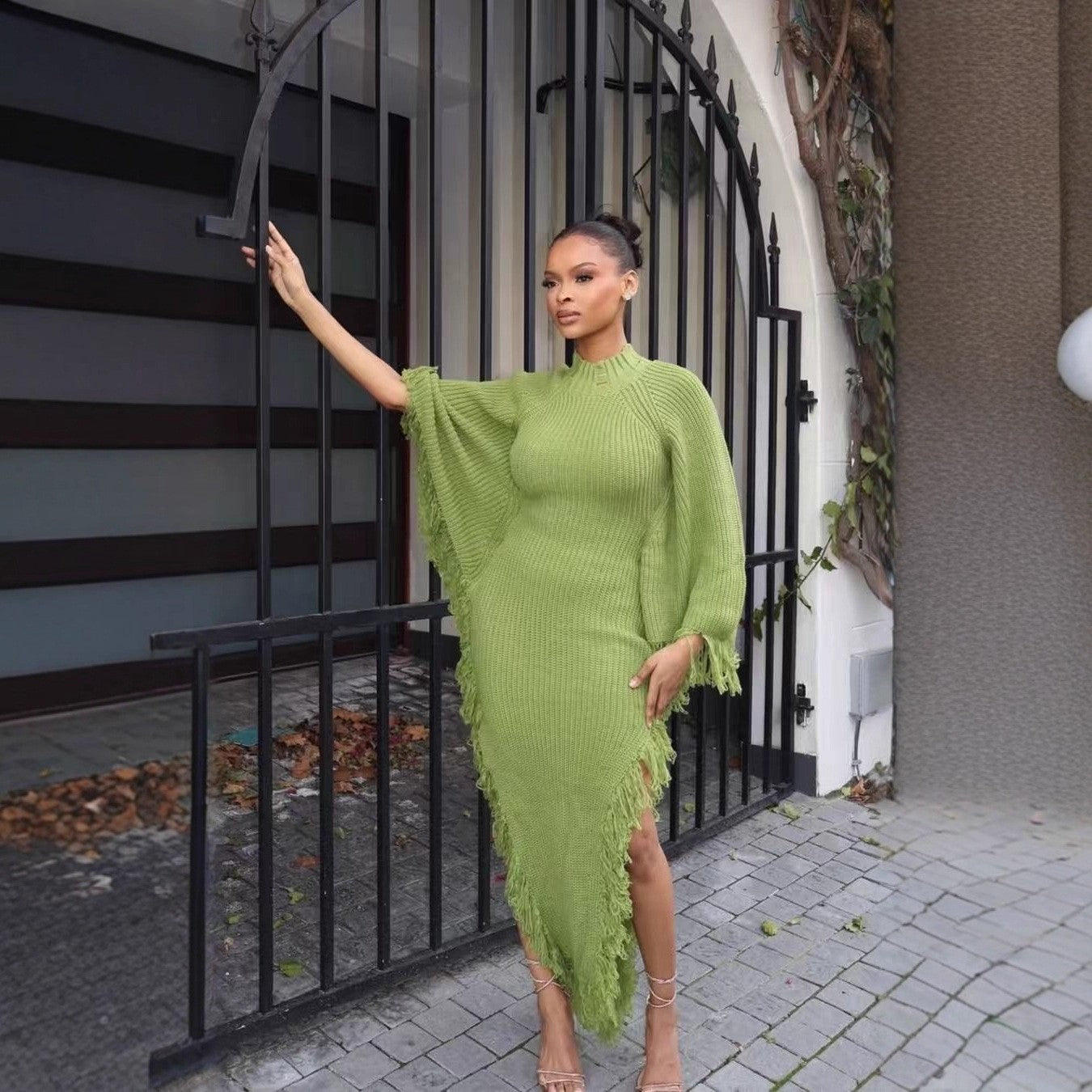 European And American High-neck Bat-sleeve Slit Pencil Skirt