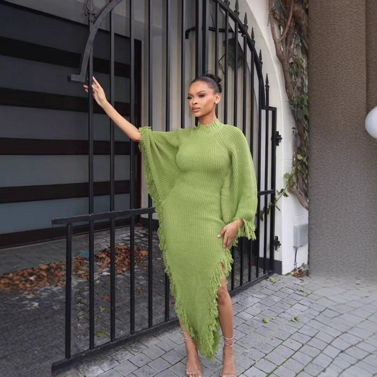 European And American High-neck Bat-sleeve Slit Pencil Skirt
