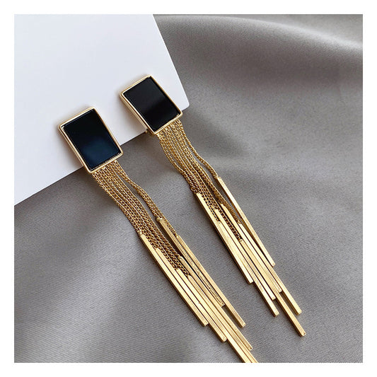 Retro Exaggerated Personality Geometric Square Black Long Tassel Fake Earrings