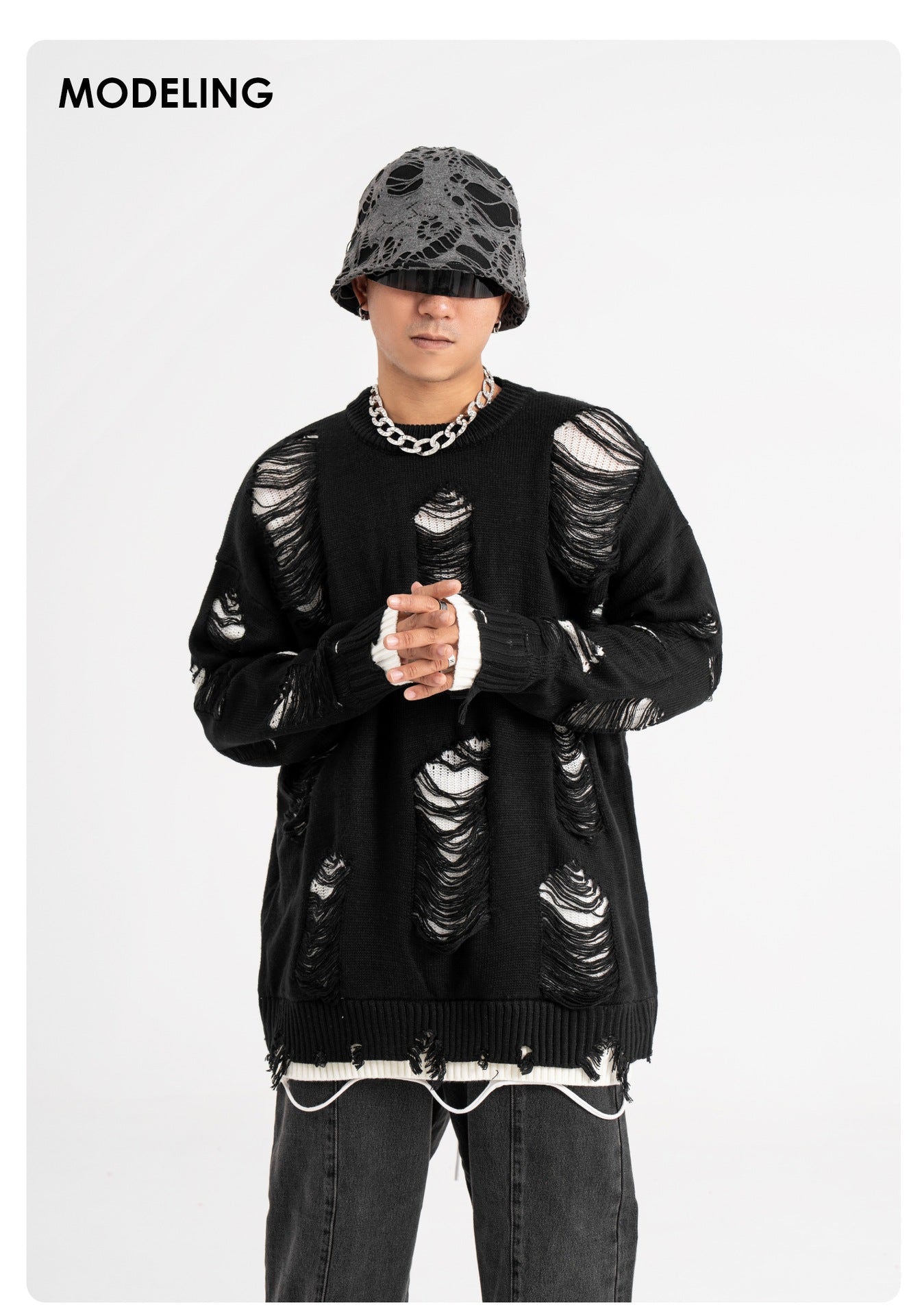 Men and Women Fake Two-piece Hole Oversize Design Sense Idle Style Couple Sweater