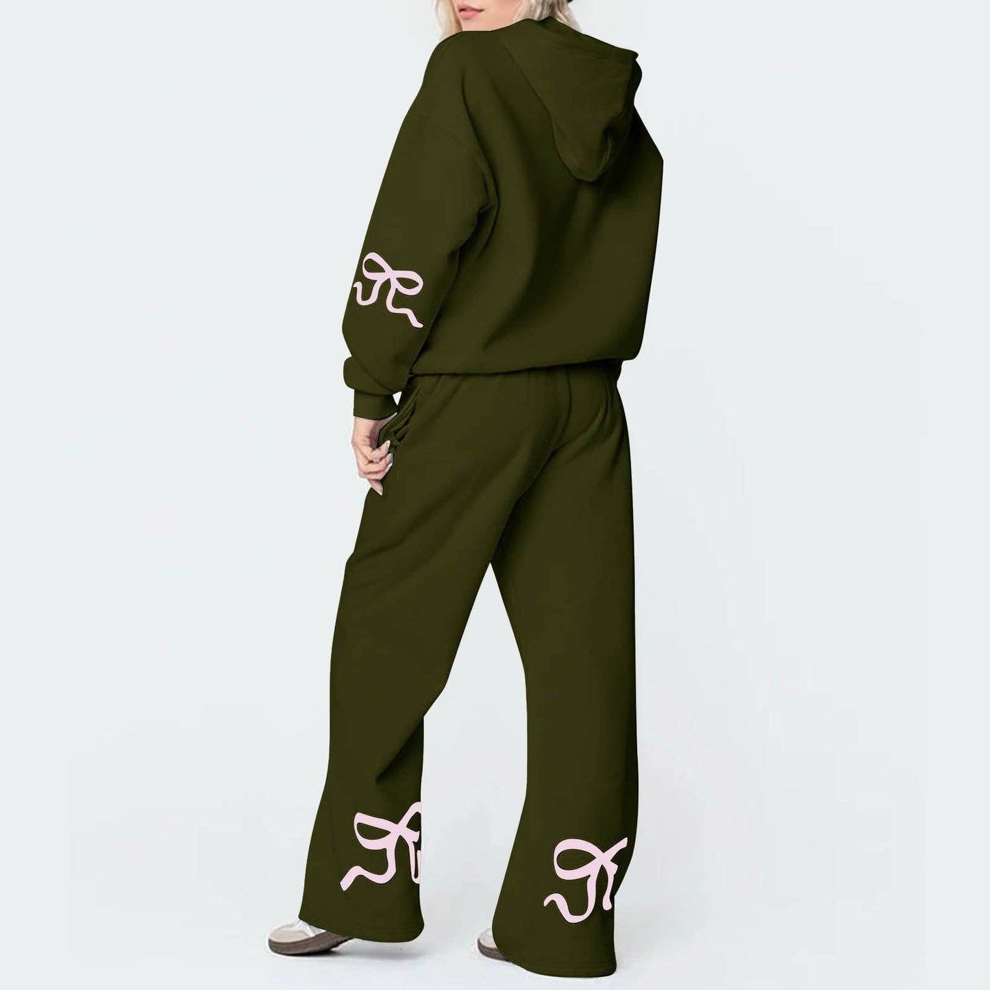 Outdoor Sports Loose Bowknot Printed Women's Casual Sweatshirt Sweatpants Suit