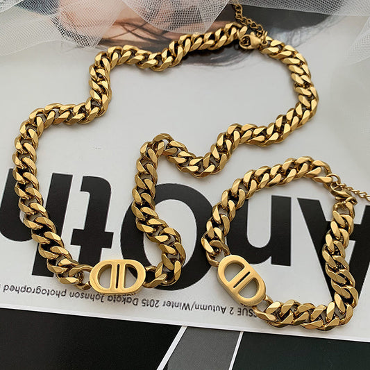 European And American Gold Thick Chain Letter Double D Titanium Steel Necklace Women