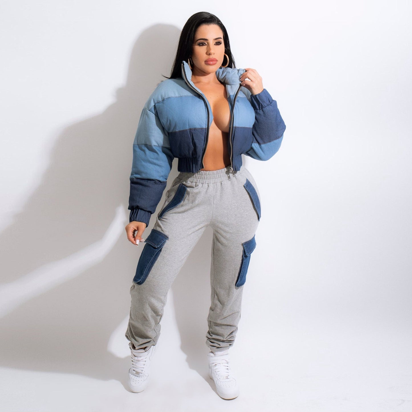 Women's Street Cool Imitation Denim Large Pocket High Waist Tooling Pants