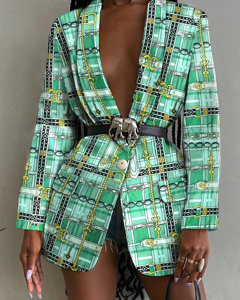 Fashion jacket with printed shawl collar and simple belt women's jacket