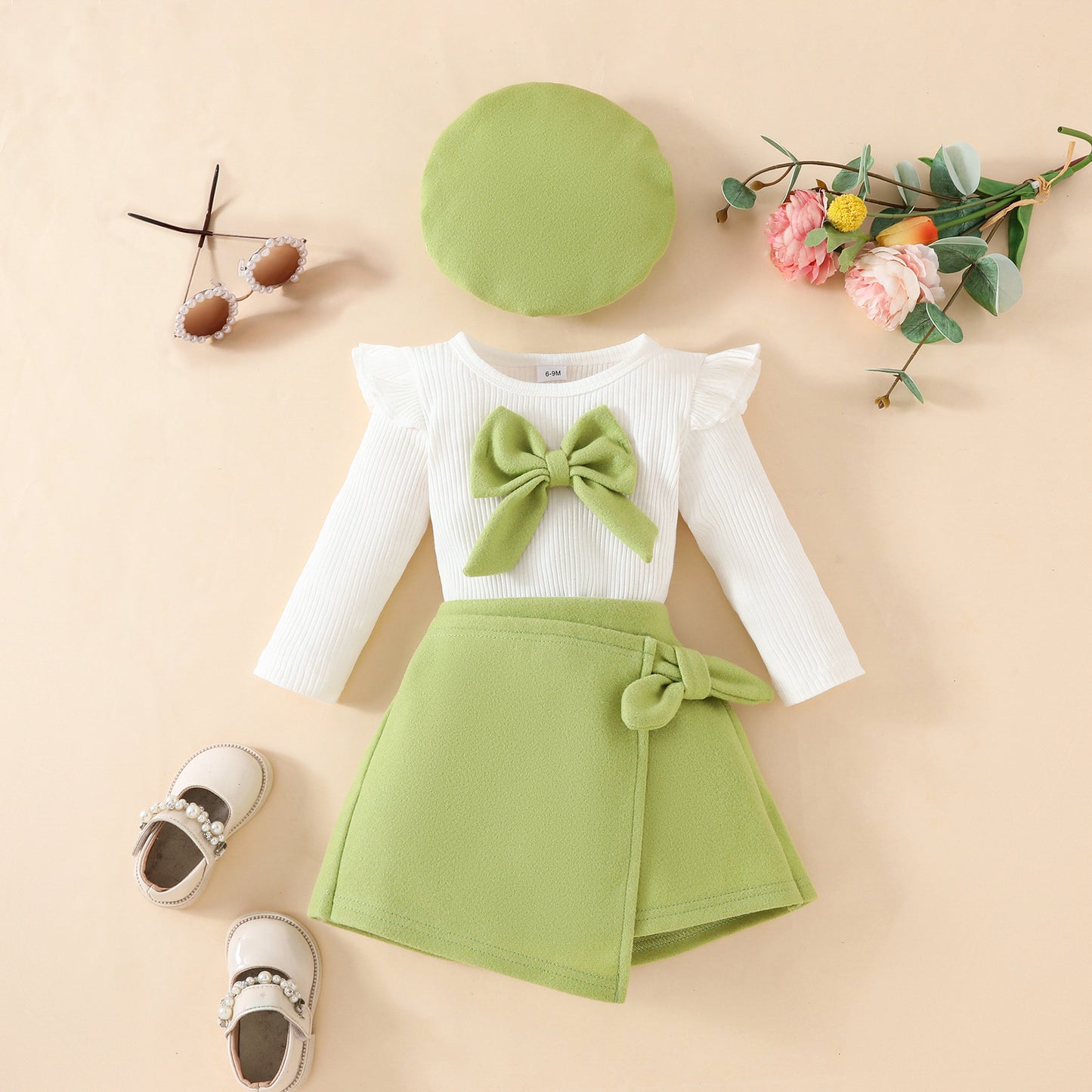 Fashionable Beret And Long-Sleeve Skirt Set For Girls